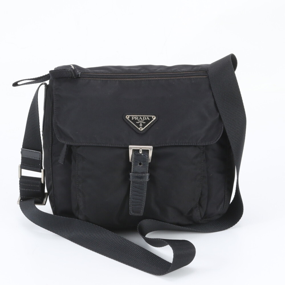 Prada Tessuto Nylon Triangle Logo Leather Shoulder Bag, Black, Women's